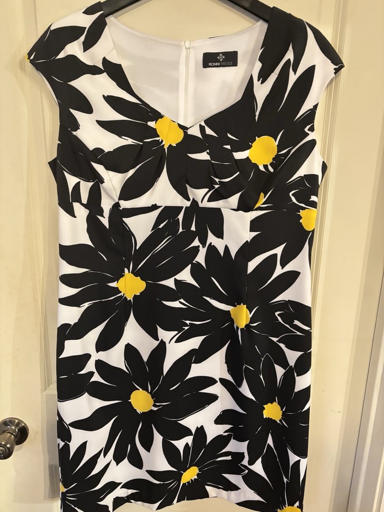 Women’s Size 12 White W/Black Yellow Floral Sheath Dress Sleeveless Ronni Nicole
