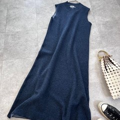 USED RARE PLANTATION KNIT LONG DRESS, HIGH-QUALITY WOOL, ISSEY MIYAKE, BLUE. V