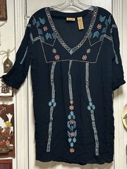 Wrangler Retro Western Boho Black Tunic Dress W/Aztec Inspired Embroidery Size M