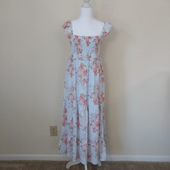 NWT Rewind Smocked Tiered Maxi Dress Flutter Strap Sleeve Blue Boho Floral Large