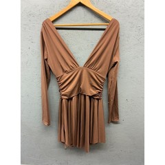 Micas Mini Dress Women&rsquo;s Large Long Sleeve V-Neck Brown Ruched Waist Fit Flare