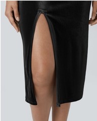HALARA Women’s Split Ruched Cowl Neck Bodycon Velvet Midi Black Dress NWT- Large