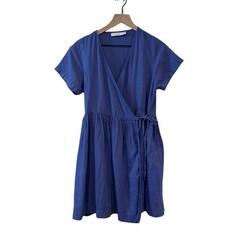 Tiny Big Sister Linen Cotton Periwinkle Blue Short Sleeve Wrap Dress EU 38/US M