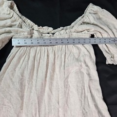 SUGAR+LIPS Off Shoulder Smocked Puff Sleeve Linen Blend Lined Dress Beige Size S