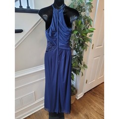 David&rsquo;s Bridal Maxi Dress Women&rsquo;s Size 2 Navy Blue 100% Polyester Halter Neck