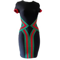 Black Color Block Bodycon Dress Waist-Sculpting Bandage Dress Red Green Midi M L