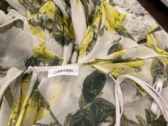 Calvin Klein White Yellow Green Floral Chiffon Wrap V-Neck 3/4 Midi Dress M