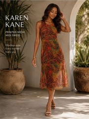 Karen Kane Rust and Green Leaf-Print Mesh Midi Dress