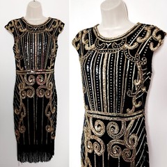 Flapper Sleeveless Dress Black Gold Sequin Black Gatsby 20s Fringed Size Small