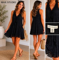 Max Studio Black Crinkle Gauze Sleeveless Boho Mini Dress XS