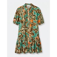 LAVENDER BROWN Tropical Leaf Print Tiered Shirt Dress NWOT