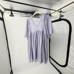 Mittoshop Lavender Purple Textured V-Neck Babydoll Mini Dress Puff Sleeve Medium
