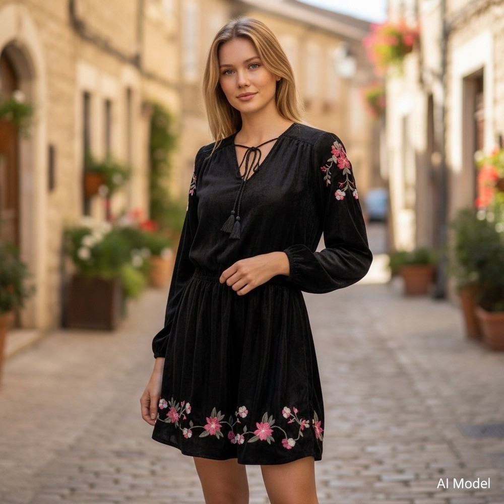 a.n.a Velvet Embroidered Dress Women Large Black Boho Tassel Floral Mini