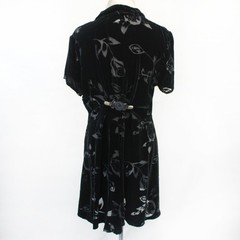 T.T. Mar Vintage Black Velvet Shor Sleeve Midi Dress Floral Print Button Belt M