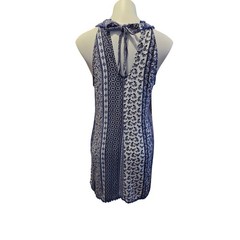 Attard State Blue White Boho Patchwork Halter Dress Pom Pom Trim Size M