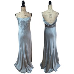 Vintage Coast 100% Silk Maxi Dress Silver Grey Rose Cowl Back UK 10/12 (US 8)