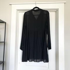Knot Sisters Black Collared Button Down Swing Shirtdress Pleated Long Sleeve S