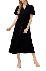 CeCe Women&rsquo;s Collared Short-Sleeve Tiered Shirtdress Size Medium Black