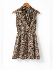 Mango Leopard Print Wrap Mini Dress Size S Sleeveless Cinched Waist Flowy