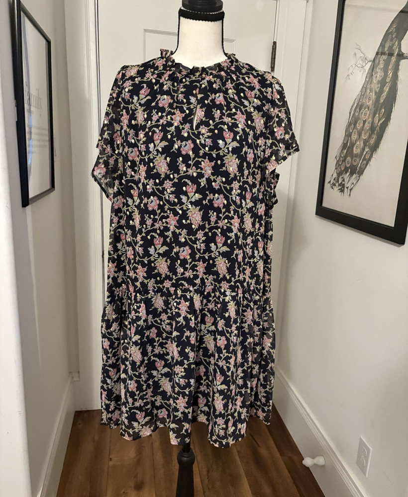LOFT Navy Pink Green Gold Floral A-Line Dress High Neck Ruffle Flutter Sleeve M