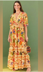 FARM Rio Tapestry Yellow Tropical Print Tiered Maxi dress L