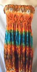 -ORANGE BROWN GEOMETRIC GREEN BLUE SUMMER ELASTIC DRESS MAXI LONG STRAPLESS S