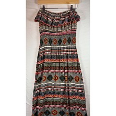 Boho Strapless Smocked Maxi Dress Multi-Color Tribal Geometric Print Rayon sz M