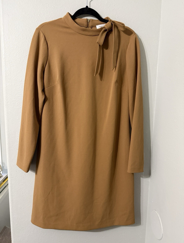 Calvin Klein Brown Solid Shift Knee-Length High Neck Bow Back Zip Dress 12