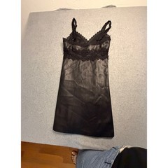 AQUA Black Faux Leather Lace Trim Mini Slip Dress XS Y2K Babydoll