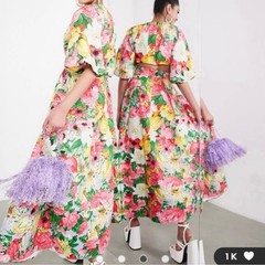 ASOS EDITION Puff Sleeve Cut Out Back Dress in Pink Floral 6