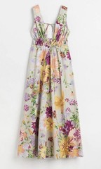H&M Floral Summer Cotton Linen Maxi Dress Fully Lined Adjustable Long Large / L