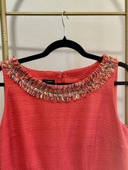 Talbots Textured Coral Tweed Sleeveless Fringe-Neck Shift Dress