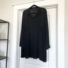 Knot Sisters Black Collared Button Down Swing Shirtdress Pleated Long Sleeve S