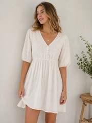 Chelsea & Violet Off White Eyelet Babydoll Boho Mini Dress NWT Medium Cotton