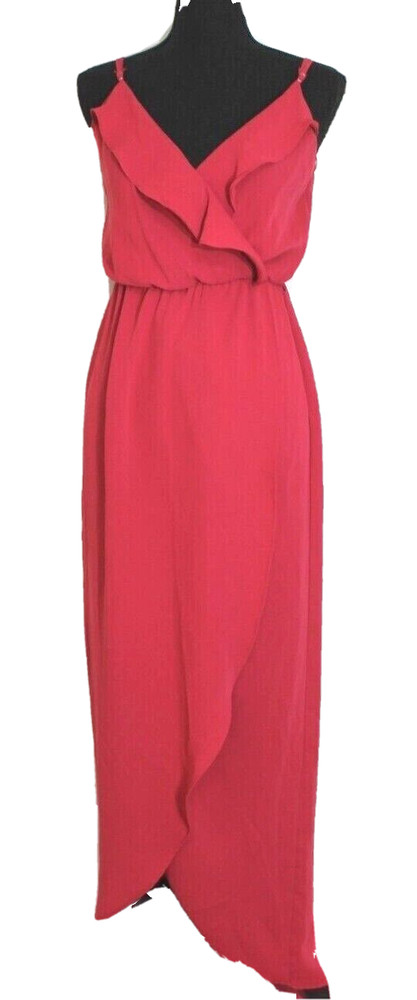 GB DRESS SIZE SMALL HOT PINK MAXI HI-LOW SPAGHETTI STRAP WRAP RUFFLE V-NECK
