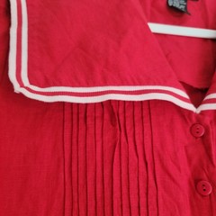 Red Linen Blend Button Down Sailor Collar Maxi Dress Size 10 Vintage Modest