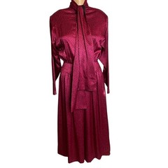 Albert Nipon Vintage Silk Pink Black Polka Dot Bow Tie Midi Shirtdress 2