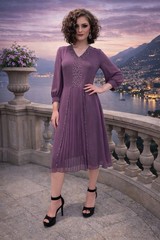 Women’s Solid Red Purple Beaded V-Neck Pleated A-Line Midi Dress S Regular