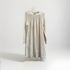 Talbots Cable Knit Shift Sweater Dress Size Large Ivory Long Sleeve Wool Blend