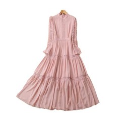 Blush Pink Lace Tiered Maxi Dress Long Sleeve Bohemian Formal Evening Gown