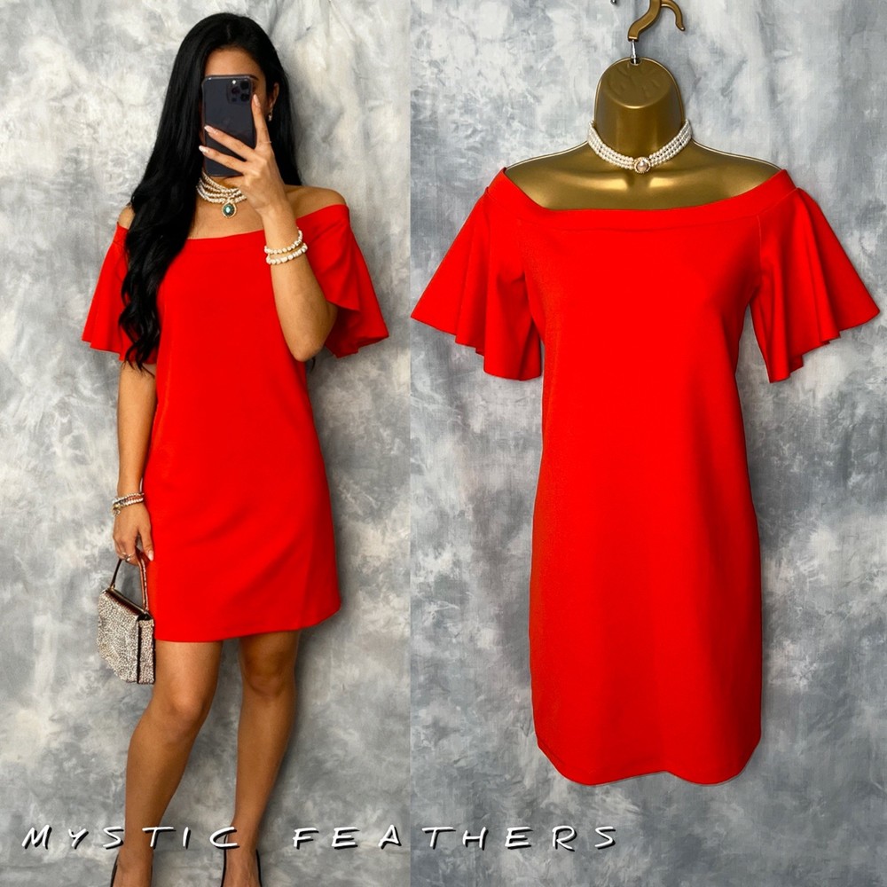 Women’s WAREHOUSE Coral Red Off the Shoulder Ruffle Sleeve Short Dress Size 10