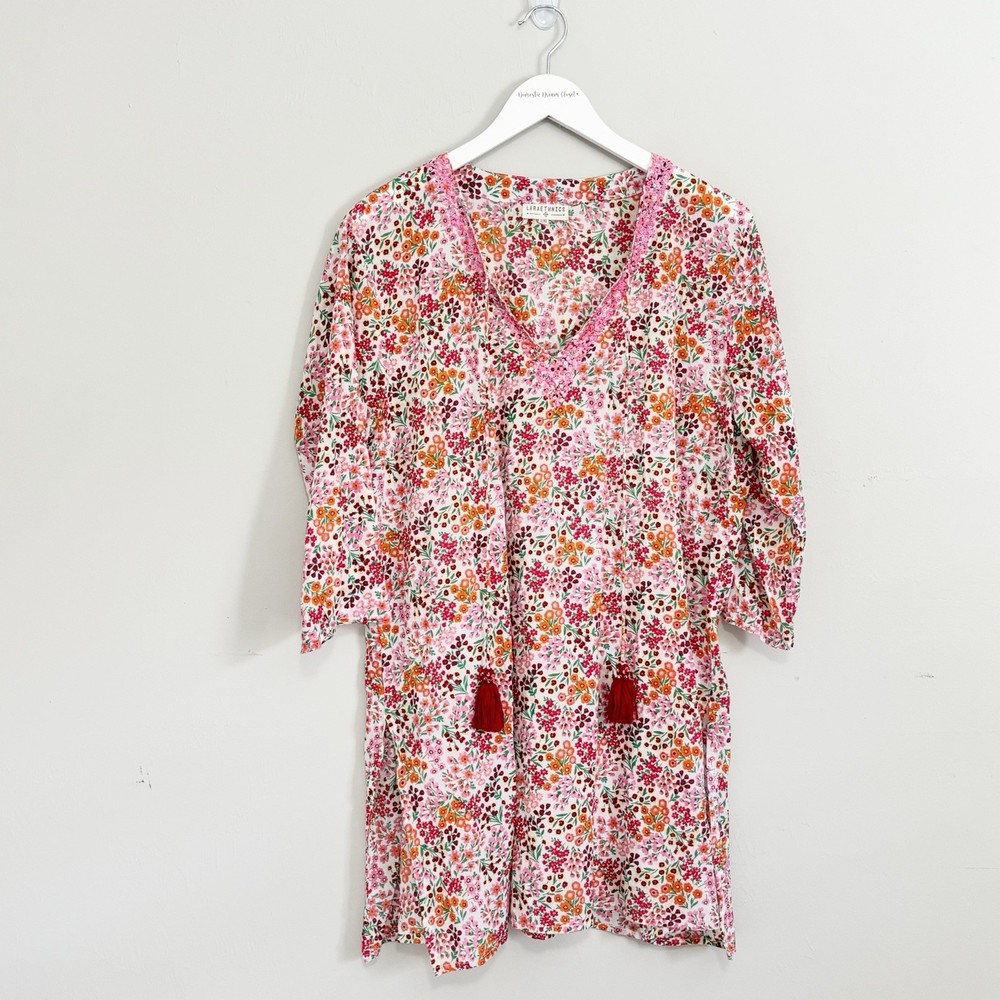 LARAETHNICS Women’s Pink Red Multi Cotton Ditsy Floral Sequined Dress Size L/XL