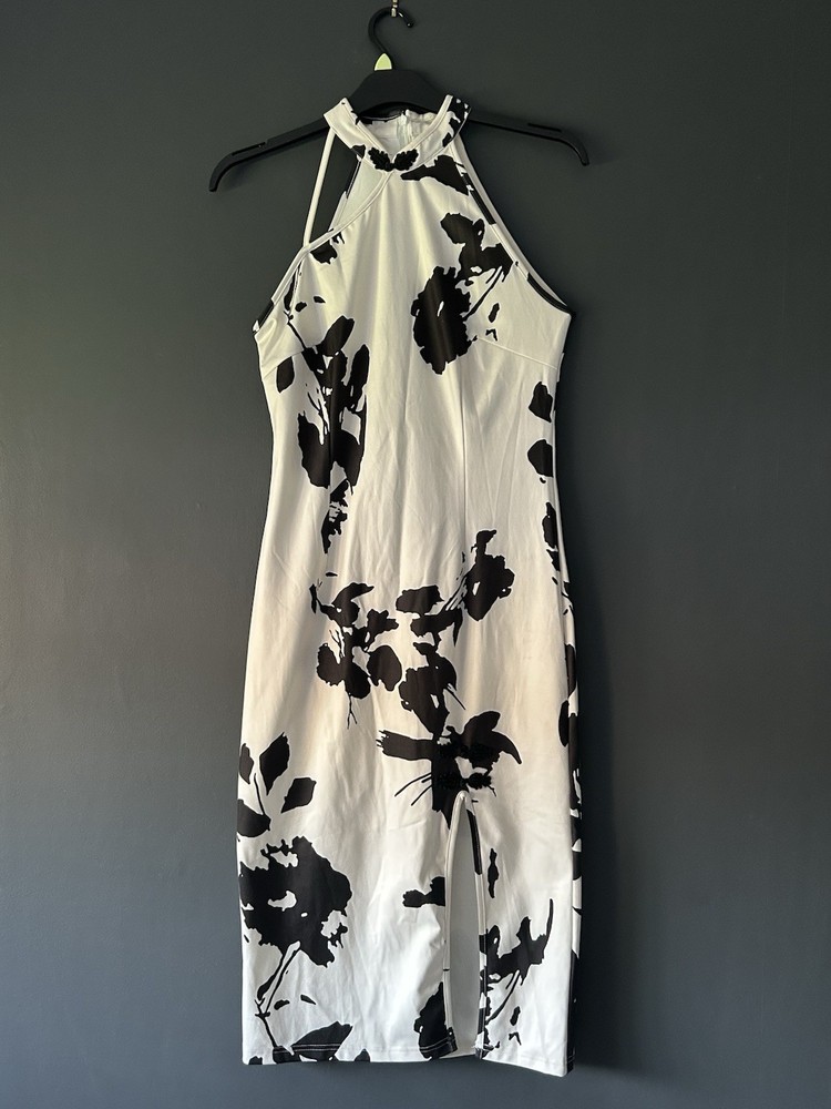 DAZY Halter Neck Midi Summer Dress Size 12 Black White Floral Print Stretch