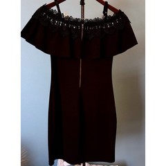 Black Off Shoulder Lace Trim Dress Ruffle Cocktail Party Date Night By&By Sz 7