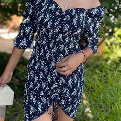 New Navy Blue Romantic Off-Shoulder Floral Smocked Dress