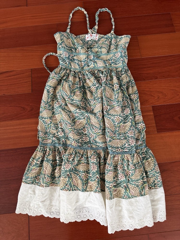 Free People Floral Green/White Sundress Size 2 Sweetheart Eyelet Ruffle Tie