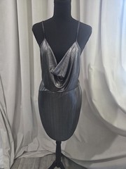 Charlotte Russe Metallic Silver Cowl Neck Backless Strappy Mini Dress M