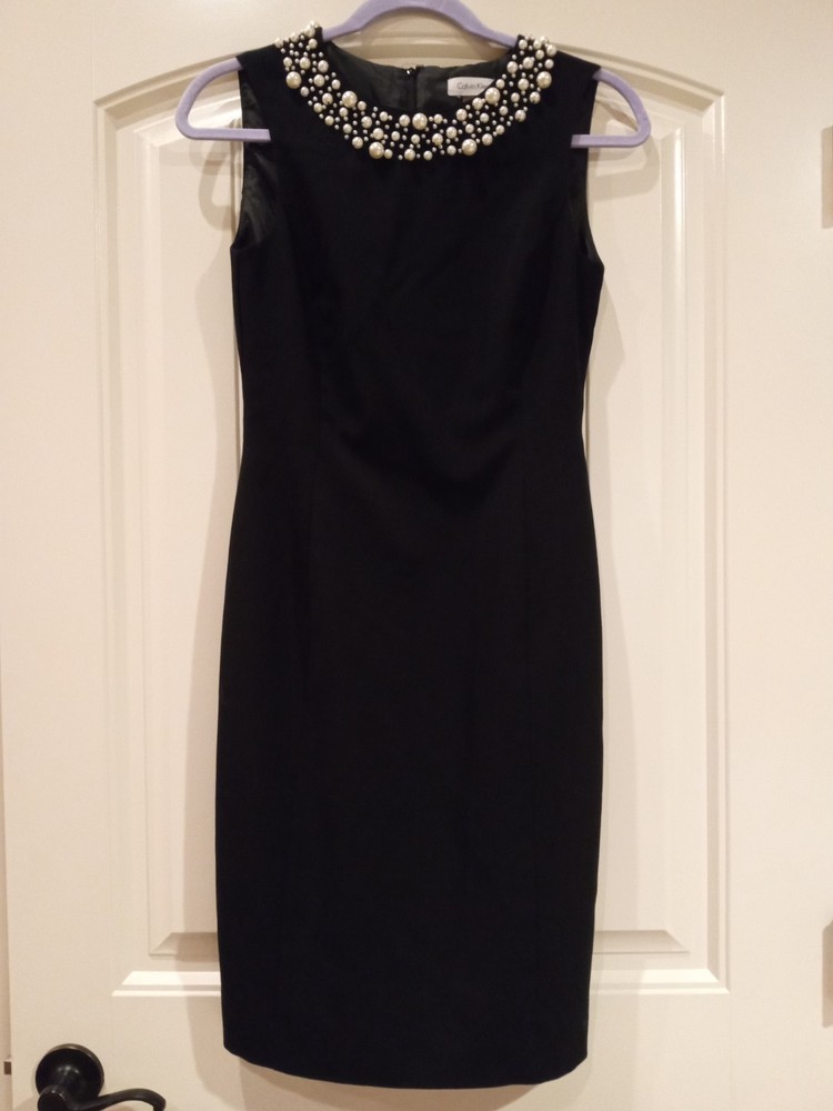 Calvin Klein Elegant Classic BLACK Pearl Embellished Neck Sheath Dress size 2