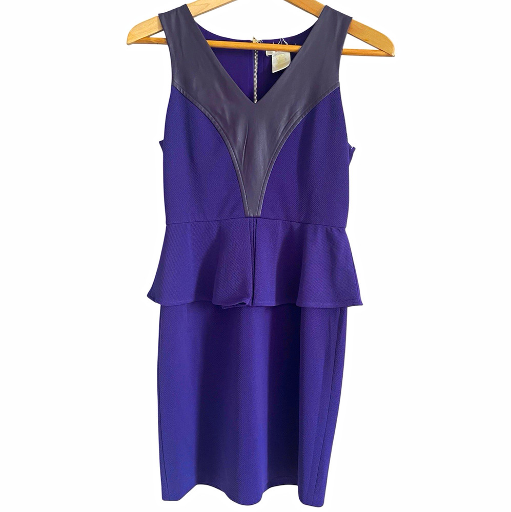 Esley Purple Black Solid Sheath Dress V-Neck Sleeveless Peplum Knee Length S