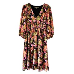 MELONIE T Size 10 A-Line Dress Black Pink Green Floral 3/4 Sleeve Midi
